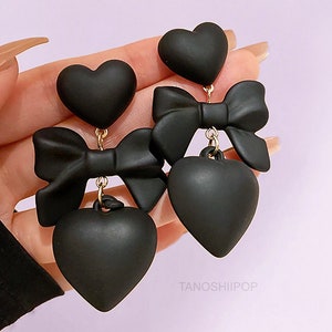 Statement Black Heart Bow Earrings - Kawaii classy K pop dark goth romantic preppy acrylic decoden pretty fashion dangle drop stud cute gift