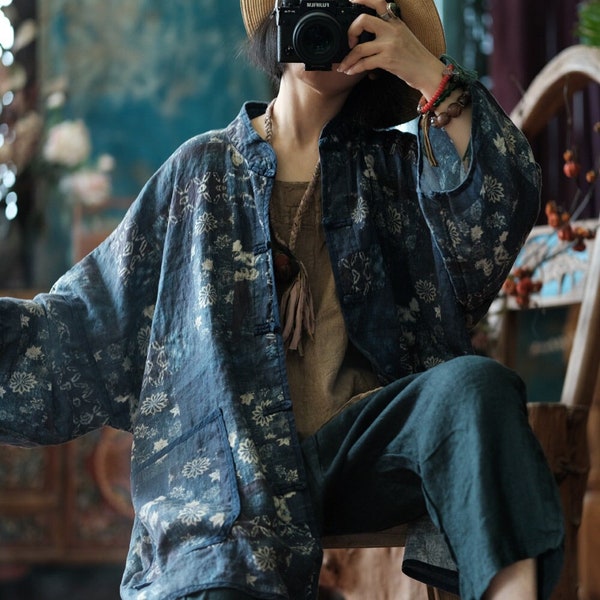 100% Ramie Leinen Vintage chinesische Frauenjacke mit traditionellen chinesischen Knöpfen und Vintage-Druck, Leinenfrauen-Hemdjacke 241204s