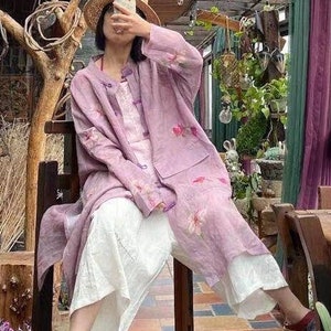 100% Ramie Linen Women Long Blouse with Floral Print and Long Sleeves, Linen women blouse 231327a zdjęcie 8