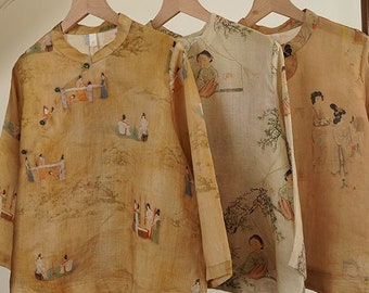 100% Ramie Leinen Vintage chinesisches Frauenhemd mit traditionellen chinesischen Knöpfen und Vintage Print 240205s
