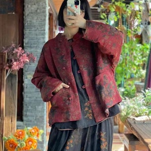 100% Linen Cotton Women Double Layered Chinese Jacket with Pockets and Vintage Print