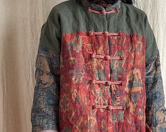Veste chinoise matelassée 100 % lin et coton pour femme avec motif vintage 221206a