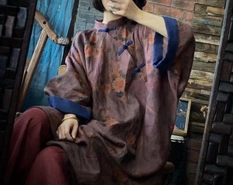 Robe style Hanfu 100 % lin pour femme avec imprimé vintage, robe tunique chemisier, tenue d'intérieur lounge 242304s