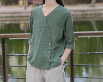 Linen Cotton Women Blouse with Half Sleeves, LINEN women Pullover, linen women Shirt, linen women top, liziqi 210621c