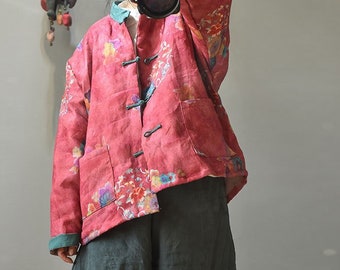 Leinen Baumwolle Frauen Gesteppte chinesische Jacke mit Vintage-Druck und Taschen 231913