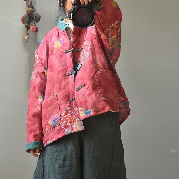 Leinen Baumwolle Frauen Gesteppte chinesische Jacke mit Vintage-Druck und Taschen 231913