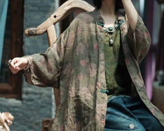 Giacca lunga da donna cinese vintage al 100% in lino con stampa floreale e bottoni tradizionali 242104s