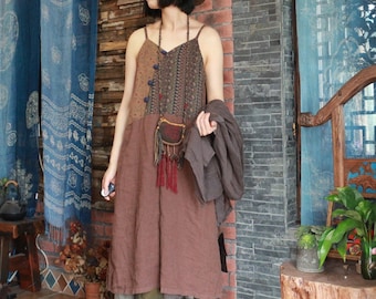 Vestido de patchwork de algodón de lino mujeres en estilo Hanfu, lino en general, vestido de mujer de lino 230042s