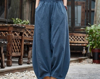 Linen Cotton Culotte Women, Wide Leg Pants Linen, Flare Trouser Women, Linen Homewear, liziqi 180422a