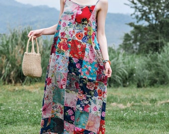 Patchwork Maxi Dress with Sparghetti String, V neck long dress, vintage flower print dress, cotton women dress, boro dress 092355a