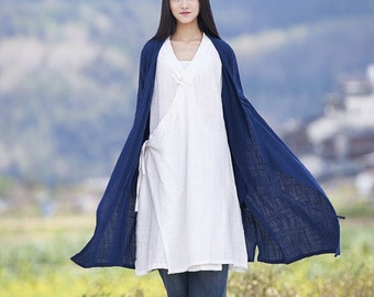 Túnica larga de lino para mujer, vestido de algodón para mujer, chaqueta de primavera para mujer, túnica de estilo tradicional chino, túnica étnica, 050321b