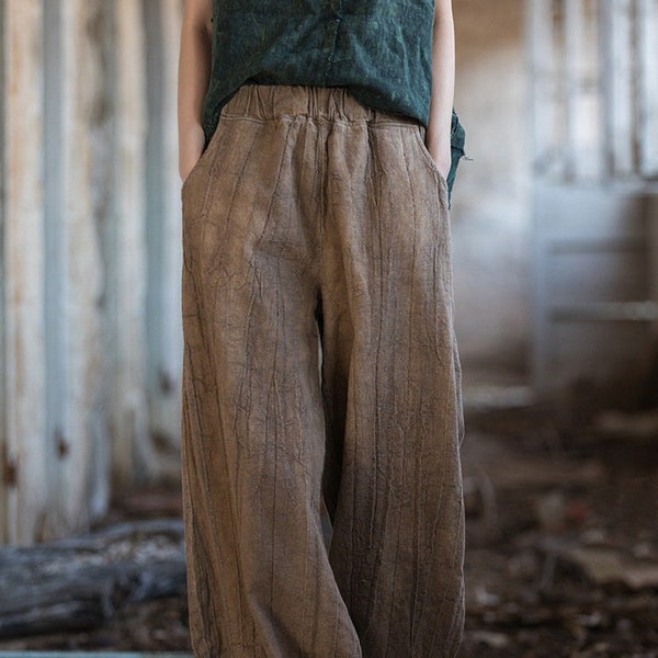 Pantalon avec poches en lin ramie pour femme, pantalon large, jupe-culotte en lin femme 231347p