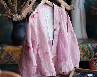 Veste vintage chinoise en lin 100 % ramie avec col chinois et imprimé floral, veste chemise en lin pour femme 241504s