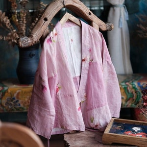 100% Ramie Linen Vintage Chinese Women Jacket with Chinese Collar and Floral Print, linen women Shirt Jacket