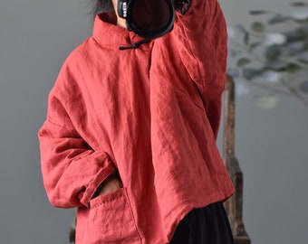 Veste chinoise matelassée en lin et coton pour femmes avec boutons traditionnels et poche 231917t