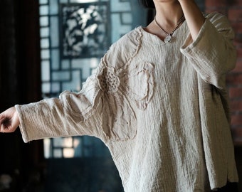 Chemisier pour femme en lin et coton avec détails de couture à la main, tunique en lin pour femme de style traditionnel chinois, années 231944