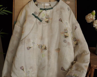 Pullover cinese trapuntato da donna in cotone e lino con stampa vintage e bottoni cinesi tradizionali 240108w