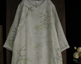 100% Ramie Leinen Vintage chinesische Frauen langes Kleid mit traditionellen chinesischen Knöpfen und Vintage Blumendruck 241205s