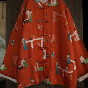 100% Leinen Frauen Gesteppte chinesische Jacke mit Vintage-Druck und traditionellen chinesischen Knöpfen 240106w Spring version
