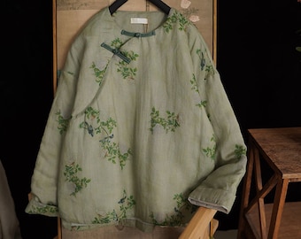 Veste chinoise matelassée en lin et coton pour femme avec imprimé floral vintage et boutons chinois traditionnels 240116w