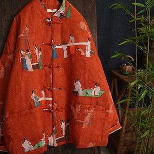 100% Leinen Frauen Gesteppte chinesische Jacke mit Vintage-Druck und traditionellen chinesischen Knöpfen 240106w Winter version