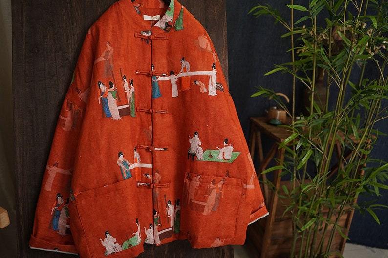 100% Leinen Frauen Gesteppte chinesische Jacke mit Vintage-Druck und traditionellen chinesischen Knöpfen 240106w Winter version