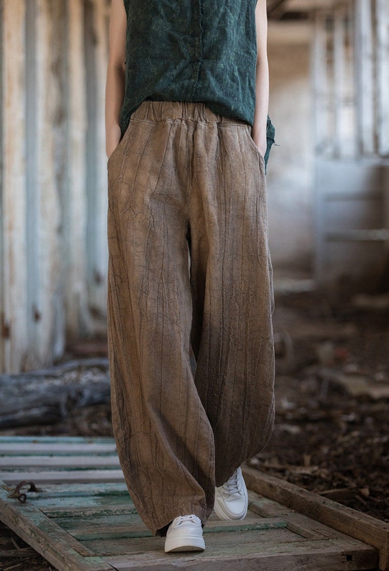 Pantalon avec poches en lin ramie pour femme, pantalon large, jupe-culotte en lin femme 231347p image 1