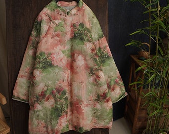Pull chinois matelassé pour femmes en lin et coton avec imprimé floral vintage et boutons chinois traditionnels 2401125w