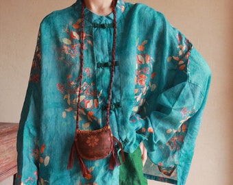 100% Ramie Linen Vintage Chinese Women Jacket with Chinese Traditional Buttons and Floral Print, linen women Shirt Jacket 241304s
