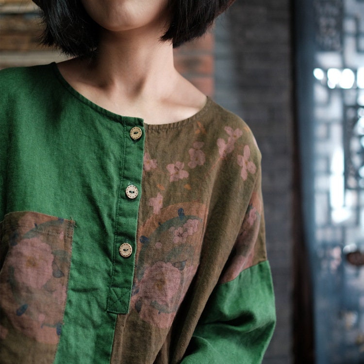 Vintage Linen Blouse With Patchwork And Green Buttons Lightweight Breathable For Boho Women main image 0