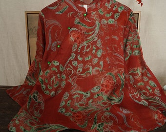 100% Ramie Linen Vintage Chinese Women Shirt with Chinese Traditional Buttons and Vintage Floral Print 242105s