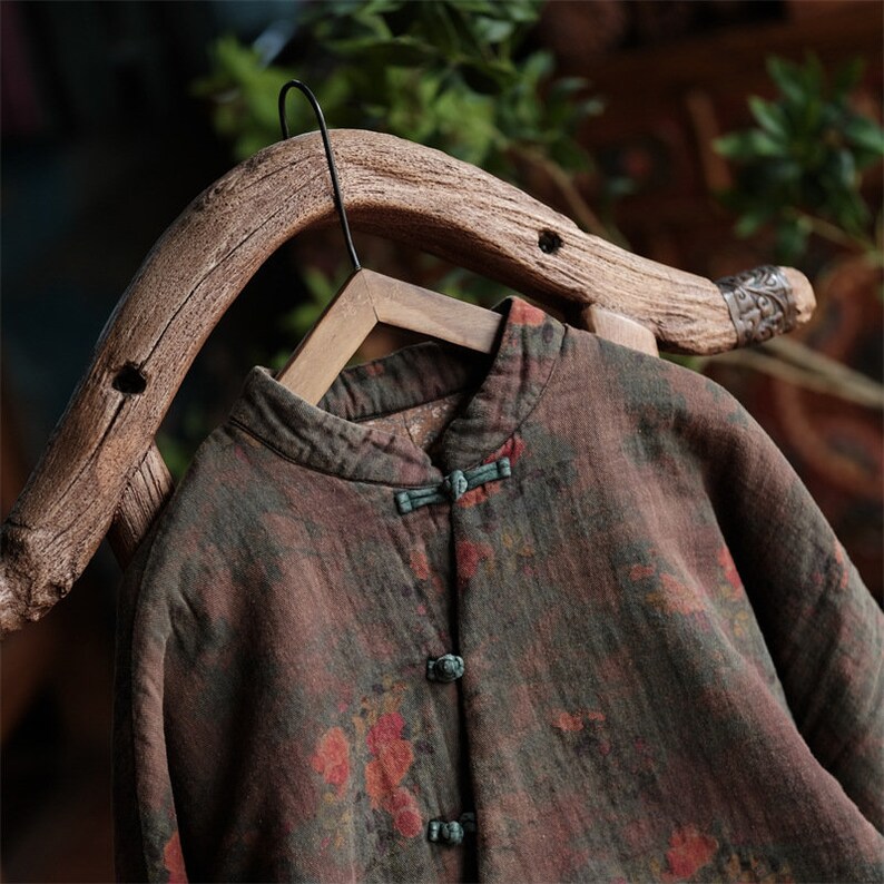 Giacca cinese trapuntata da donna in cotone 100% lino con bottoni tradizionali e stampa vintage 230131w immagine 8