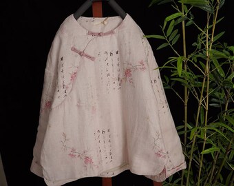 Leinen Baumwolle Frauen Gesteppter Chinesischer Pullover mit Vintage Character Print und Traditionellen Chinesischen Knöpfen 2401121w