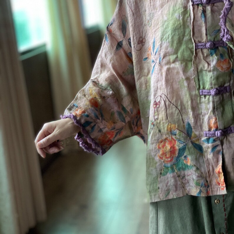Vintage 100% Linen Subtle Colour Block Button Blouse