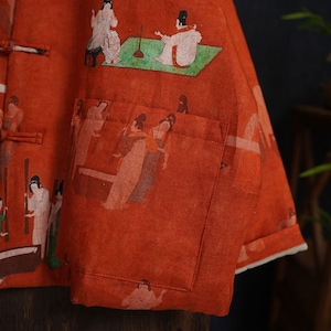 100% Leinen Frauen Gesteppte chinesische Jacke mit Vintage-Druck und traditionellen chinesischen Knöpfen 240106w Bild 6