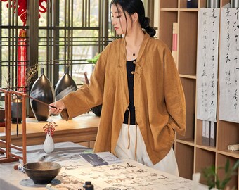 Kimono da donna in ramie di lino, camicetta da donna in stile tradizionale cinese, liziqi 040899a
