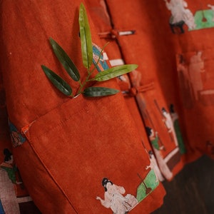 100% Leinen Frauen Gesteppte chinesische Jacke mit Vintage-Druck und traditionellen chinesischen Knöpfen 240106w Bild 2