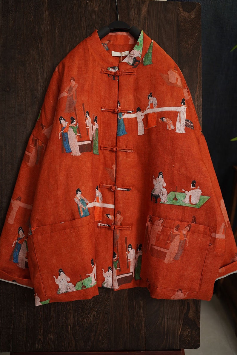 100% Leinen Frauen Gesteppte chinesische Jacke mit Vintage-Druck und traditionellen chinesischen Knöpfen 240106w Bild 8