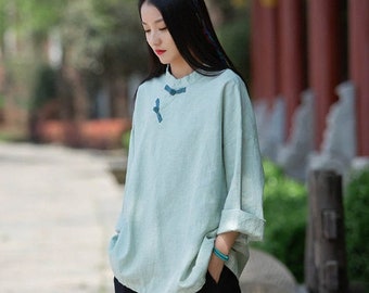 Linen Cotton Women Blouse with Handwoven Buckle Button, chinese style women blouse linen liziqi, Taichi jacket, Tang suit 050321a