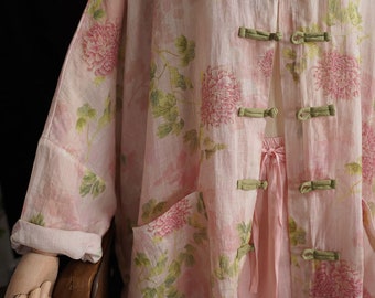 100% Ramie Leinen Vintage chinesische Frauen lange Jacke mit traditionellen chinesischen Knöpfen und Blumendruck, Leinenfrauen Hemdjacke 240105s