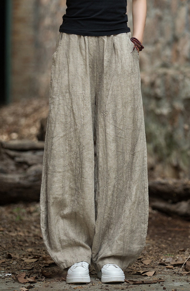 Pantalon avec poches en lin ramie pour femme, pantalon large, jupe-culotte en lin femme 231347p Beige