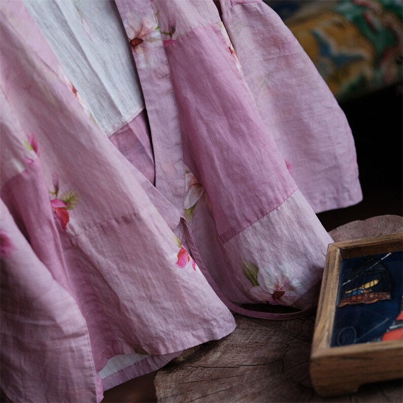 Giacca da donna cinese vintage in lino 100% ramiè con colletto cinese e stampa floreale, giacca da donna in lino 241504s immagine 5