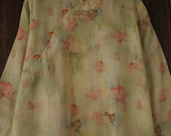 100% Ramie Linen Vintage Chinese Women Shirt with Chinese Traditional Buttons and Vintage Floral Print 241405s