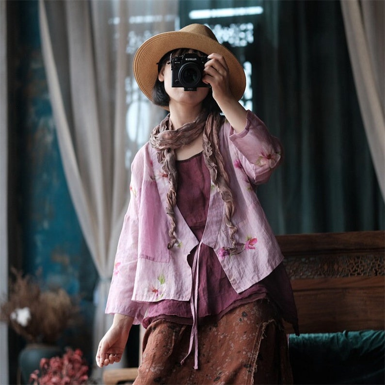 100% Ramie Linen Vintage Chinese Women Jacket with Chinese Collar and Floral Print, linen women Shirt Jacket