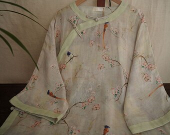 100% Ramie Linen Vintage Chinese Women Long Dress with Chinese Traditional Buttons and Vintage Floral Print 241105s