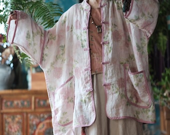 Veste longue vintage chinoise en lin 100 % ramie avec boutons chinois et imprimé floral, veste chemise en lin pour femme 241604s