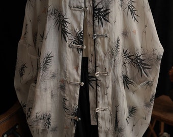 Veste longue vintage chinoise en lin 100 % ramie avec boutons traditionnels chinois et imprimé bambou, veste chemise pour femme en lin 241802s