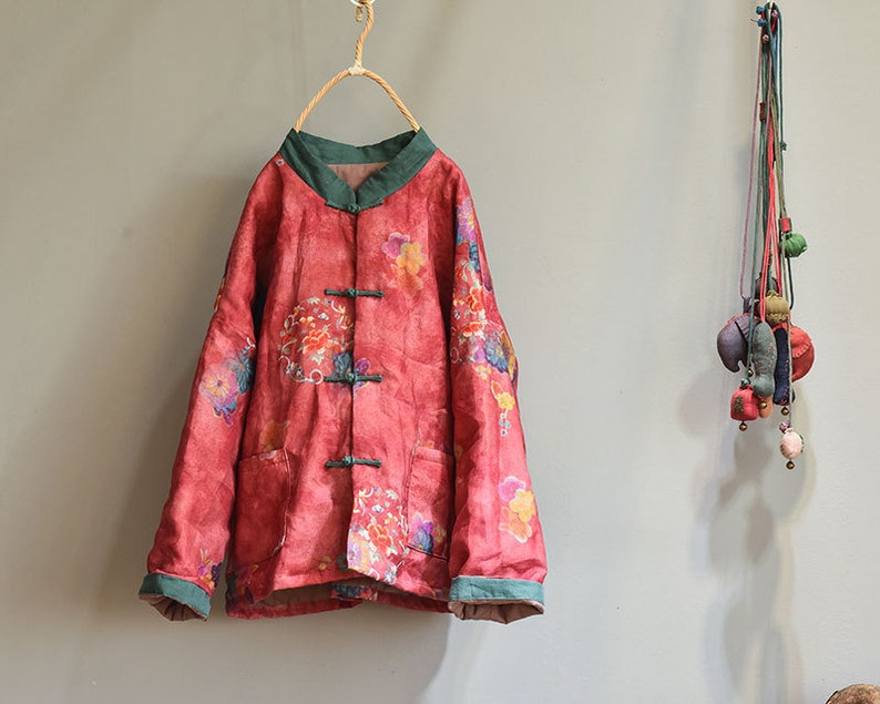 Giacca cinese trapuntata da donna in cotone e lino con stampa vintage e tasche 231913 immagine 2