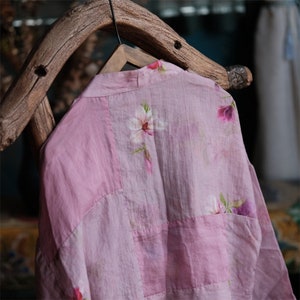 Giacca da donna cinese vintage in lino 100% ramiè con colletto cinese e stampa floreale, giacca da donna in lino 241504s immagine 6