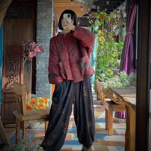 Giacca cinese da donna a doppio strato in cotone 100% lino con tasche e stampa vintage 230503w immagine 8